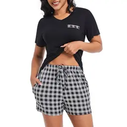 Xuepelit Damen Schlafanzug Kurz Pyjama Set Sommer Baumwolle, Kurzarm Shorty, Schwarz
