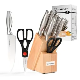 KATISUN 8-teiliges Messerset mit Holzblock, Japanischer Stahl, komfortable Griffe