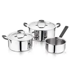 MasterPRO 5-teiliges Pfannen- und Topfset - 1 Kasserolle 16 cm, 2 Kochtöpfe mit Deckel 20 cm & 24 cm, Silikongriff, Edelstahl-Deckel