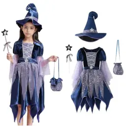 Sobzia Halloween Kostüm für Kinder, Hexenkostüm, blau, mit Hut, Feenstab und Tragetasche – Karneval, Cosplay, Festival & Party, 140