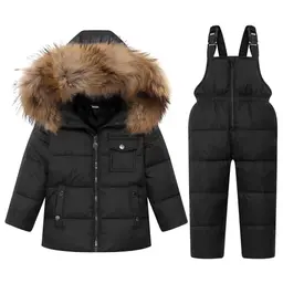 Kinder Daunenjacke mit Kapuze und Skihose, Winterbekleidungsset für Mädchen und Jungen, Schwarz, 4-5 Jahre