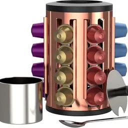 bonVIVO Kapselhalter Edelstahl für 25 Kaffeekapseln - 360° drehbar mit Zuckerbehälter & Löffel - platzsparender Organizer (Kupfer-Chrom)