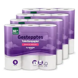 Amazon Toilettenpapier, 3-lagig, Samtig Weich, 36 Rollen (9 Rollen, 4-er Pack), FSC-Zertifiziert