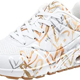 Skechers Damen UNO Metallic Love Trainer, Weiß mit Herzprint, Größe 38.5 EU