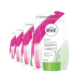 Veet Pure Dusch-Haarentfernungscreme für Körper, Arme & Beine – Enthaarungscreme für trockene Haut, 4x150 ml mit Schwamm