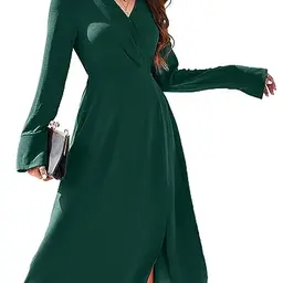 KOJOOIN Damen Langarm Kleid V-Ausschnitt Knielang A-Linie Elegant A-Grün, Größe L
