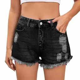 Damen Jeans Shorts High Waist Ripped, Stretch, Sommer, Hotpants, Schwarz, XL