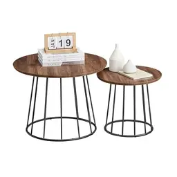 VASAGLE 2er Set runder Couchtisch, modern mit Stahlgestell, naturwalnussfarben