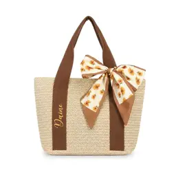 Personalisierte Jutetasche für Damen mit Namen, Stroh, Geflochten, Strand & Shopper, Braun