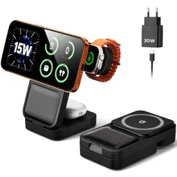 Eddibox 3-in-1 MagSafe Ladestation für Apple Watch, iPhone & iPad, faltbar, Schnellladefunktion, inklusive 30W Netzteil