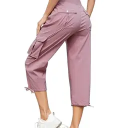 Damen 3/4 Sommer Cargohose Capri Jogginghose Leichte Outdoor Reisehose mit 6 Taschen (Dunkelrosa, M)