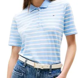 Tommy Hilfiger Damen Poloshirt Kurzarm 1985 Pique, Mehrfarbig (Vessel Blue/Ecru), L