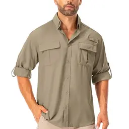 Asfixiado Herren Langarm Safari Hemd mit UV Schutz - Atmungsaktives, Schnelltrocknendes Outdoorhemd (Khaki, S)