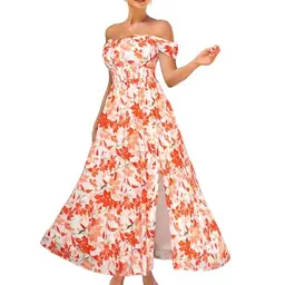 Damen Maxikleid Ärmellos Casual A-Linie V-Ausschnitt in Hellorange mit Blumen auf Weiß