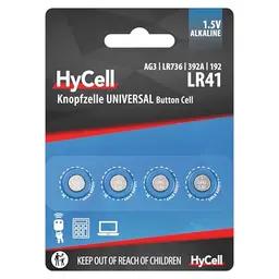 HyCell LR41 Alkaline Knopfzellen 1,5V, 4er Pack, für Taschenrechner, Spielzeug, Uhr