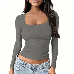 OOHOKAY Damen Langarmshirt U-Ausschnitt Slim Fit Crop Top - Dunkelgrau, XS