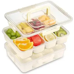 KOMABLEN Snackbox mit 8 Fächern, 2 Stück, aus PP, spülmaschinenfest, mit Deckel und Griff, tragbar für Süßigkeiten, Obst, Kekse, Nüsse