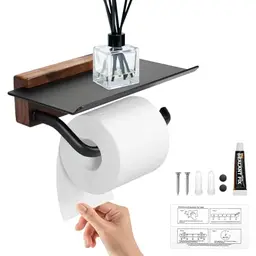 HEKOBAG Toilettenpapierhalter aus Holz mit Ablage - Schwarz, ohne Bohren, für Bad und Küche
