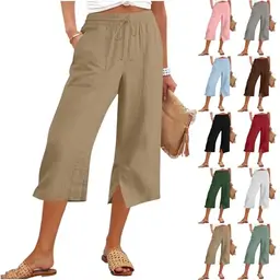 Damen Caprihose 3/4 Sommerhose mit elastischem Bund, praktischen Taschen und seitlichem Schlitz – Casual Stil für Urlaub und Strand