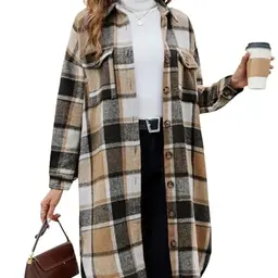 Tuopuda Damen Karierte Hemdjacke Casual Flanell Übergangsjacke (Khaki, XXL)