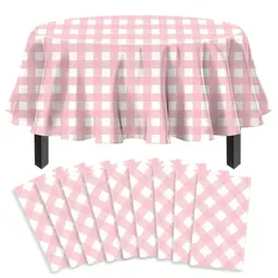 9 Stück Rosa Karierte Tischtücher für runde Tische - Wasserdicht, 213 x 213 cm - Ideal für Ostern, Picknick und Geburtstagsdekoration
