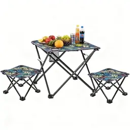 SNZ Camping Tisch mit 2 Klapphockern, faltbares Outdoor-Set, leicht, tragbar, mit Getränkehalter – ideal für Camping, Picknick, Garten
