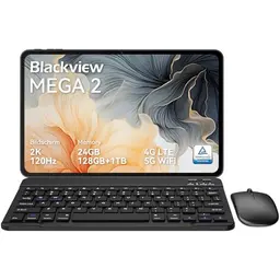 Blackview Mega2 12 Zoll Android Tablet mit 24GB RAM, 128GB Speicher, 120Hz Display, 4G LTE, 9000mAh Akku, Face ID & Dual Kamera, Grau