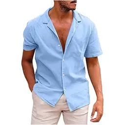 Leinenhemd Herren Sommer Baumwolle, Sport- und T-Shirt, Himmelblau, L