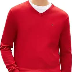 Tommy Hilfiger Herren Pullover Essential Cotton V-Ausschnitt, Rot, Größe S