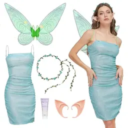 Joellfuner Damen Feen Kostüm mit Flügeln, Elfenohren und Blumenkranz für Karneval und Cosplay (M)