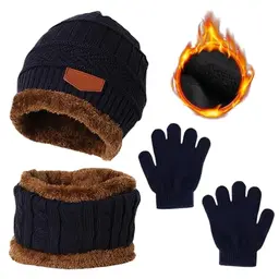 GOEDCH Kinder Winter Set: Mütze, Schal und Handschuhe mit Plüsch Innenfutter, Navy Blau