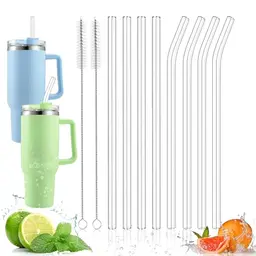 KUOFANY 10er Set Glas-Strohhalme für Stanley Tumbler - 30cm, 4 gebogen & 4 gerade, inkl. 2 Reinigungsbürsten