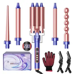 Lockenstab 3 Fässer 5 in 1 für Kleine und Große Locken, Keramik-Turmalin, LCD-Display 80-230°C