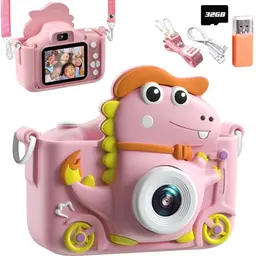 Dinosaurier Kinderkamera mit 2" Display - Digitalkamera für Kinder, 32GB, Geschenk für 3-12 Jahre (Rosa)