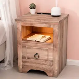 WODHMIEY Nachttisch Holzoptik mit LED Licht und USB Steckdose, Beistelltisch Retro mit Schublade, 40×40×50 cm
