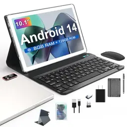 10 Zoll Android 14 Tablet PC mit 5G WiFi, 8GB RAM, 128GB ROM, Octa-Core, 7000mAh, mit Tastatur und Hülle, Silber