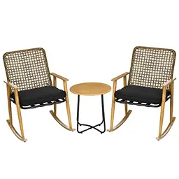 Outsunny 3-teiliges Gartenmöbel-Set mit 2 Schaukelstühlen und Couchtisch, Schwarz/Natur, inklusive Kissen