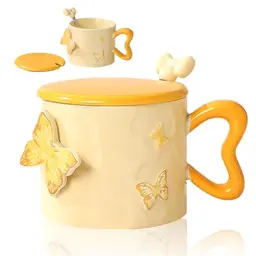 LOMUG Keramik Teetasse, 400ML Orange Becher, Kawaii Design mit Löffel, Süßes Geschenk für Frauen und Mädchen