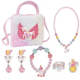 OSDUE Einhorn Handtasche und Schmuckset für Mädchen - 7-teiliges Set für Parties und Geschenke