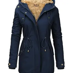 Nadeer Damen Winterjacke, lang, warm, gefüttert, Steppjacke, Kapuzenpullover, Marineblau, Größe S