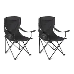 Amazon Basics Tragbarer Campingstuhl im 2er Pack, Wasserfest, mit Getränkehalter, stabiler Stahlrahmen, Schwarz, 72,5 x 52,5 x 93,2 cm