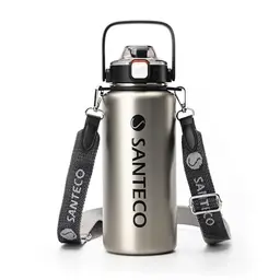 SANTECO Edelstahl-Thermosflasche 1,2l mit Strohhalm, BPA-frei, auslaufsicher, spülmaschinenfest, ideal zum Laufen und Wandern
