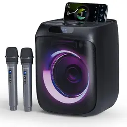 Karaoke Maschine mit 2 Mikrofonen, tragbare PA-Anlage mit LED-Lichtern, Bluetooth, FM Radio für Partys