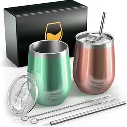 FloweryOcean Edelstahl-Weinbecher, 2 Stück, 12 OZ - Doppelwandig, BPA-frei, Camping Geschenk für Frauen, Grün + Roségold