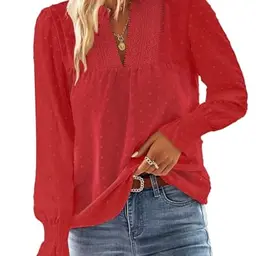 TUUHAW Damen Langarmshirt Elegant Boho Top V-Ausschnitt, Lässig, Frühling & Winter, Rot, M