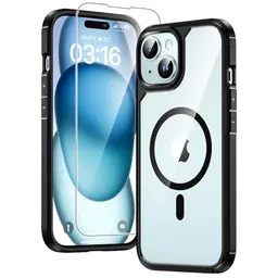 TAURI iPhone 15 Hülle 6,1" mit Panzer Schutz, MagSafe Kompatibel, Militärstandard Schutz, Stoßfest - Schwarz