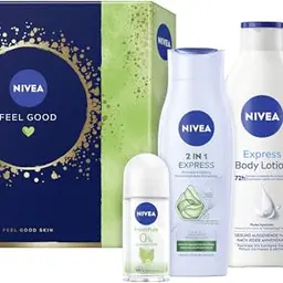 NIVEA Feel Good Geschenkset mit Bodylotion, Pflegedusche, Deo Roll-On und Shampoo