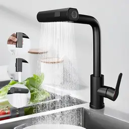Schwarze Küchenarmatur mit Ausziehbrause - 360° drehbar, Edelstahl, 3 Strahlarten
