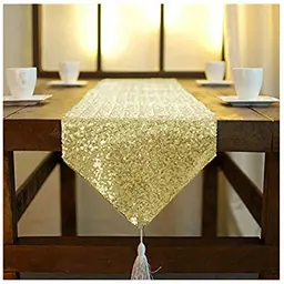 ShinyBeauty Tischläufer mit Quaste 30 x 180 cm in Hell Gold für Party und Hochzeit