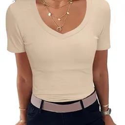Aottori Damen T-Shirt V-Ausschnitt Kurzarm Basic Oberteil Beige